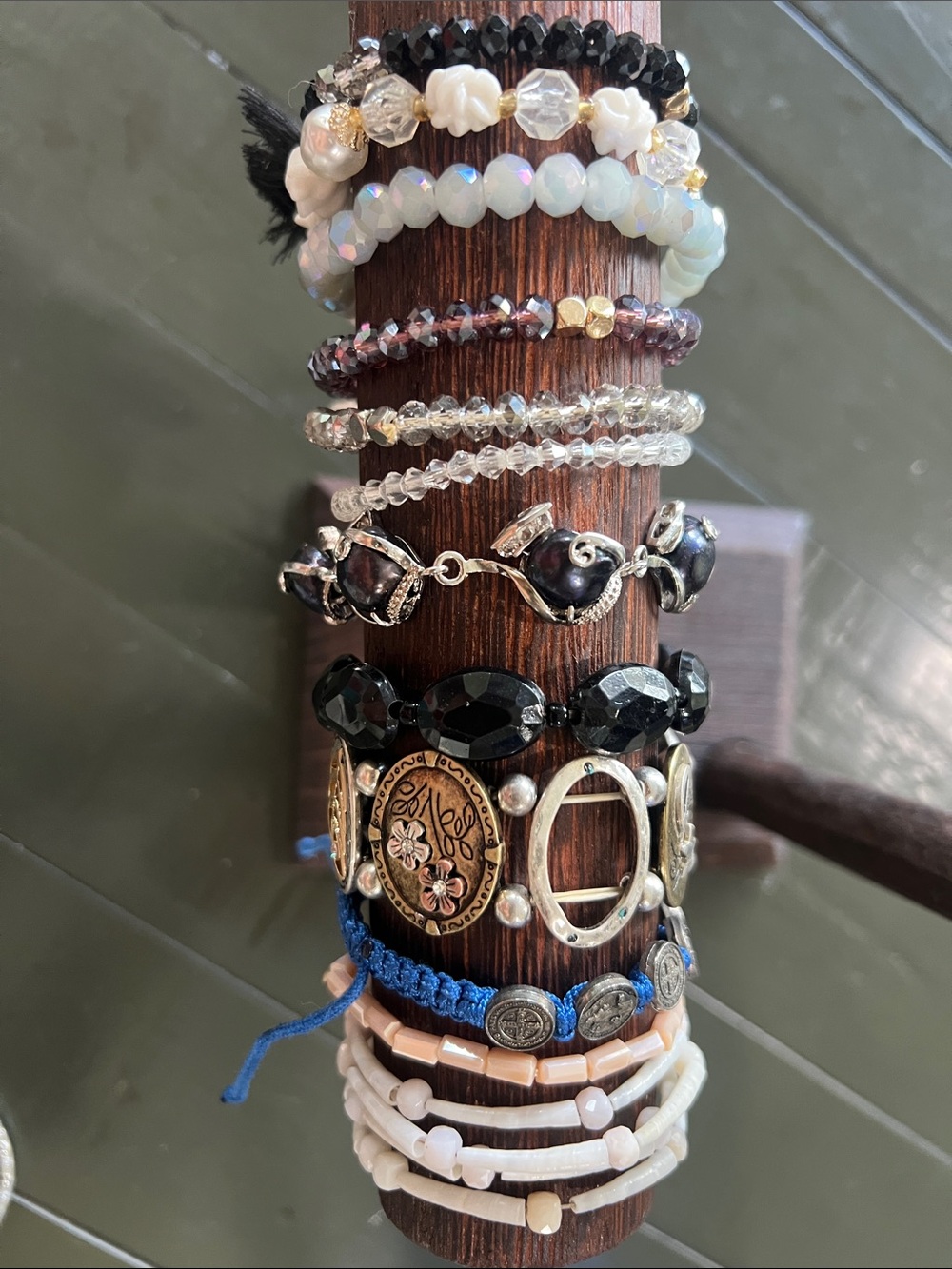 Mixed Bead and Charm Women's Bracelet Stack - Black, White, Blue, Silver